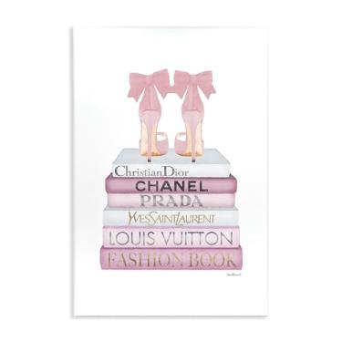 Imagem de Stupell Industries Fashioner Shoes Bookstack rosa branco aquarela, design da artista Amanda Greenwood Wall Art, 25 x 38, placa de madeira