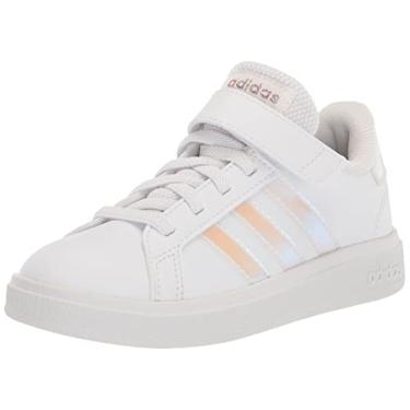 Imagem de adidas Tênis infantil Grand Court 2.0 com cadarço elástico e tira superior, Ftwr branco/iridescente/branco twr (elástico), 15