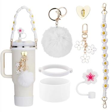 Imagem de Rhewatin Acessórios para copo Stanley Cup 1,134 g, acessórios de pingentes para copo Stanley, incluindo alça de copo, bota de copo de silicone, capa de canudo de silicone, pingentes, branco