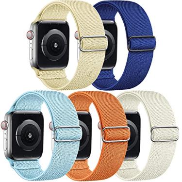 Imagem de Cangroo Pacote com 5 pulseiras de nylon elásticas compatíveis com Apple Watch de 38 mm, 40 mm, 41 mm, 42 mm, 44 mm, 45 mm, 49 mm, para mulheres e homens, pulseiras trançadas elásticas para iWatch SE Ultra Series 8 7 6 5 4 3 2 1