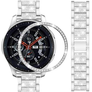 Imagem de DEALELE Pulseira compatível com Galaxy Watch de 46 mm, pulseira de metal de aço inoxidável com diamante brilhante de 22 mm com moldura de substituição para Samsung Gear S3 Frontier/Classic Women Men (Prata)