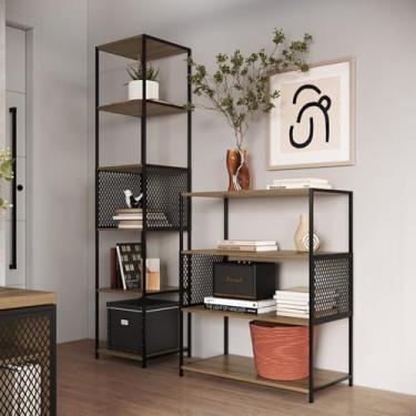 Imagem de Sala de Estar com 2 Itens Decorativos Estante Media Telada e Estante Alta Telada Preto/Mel