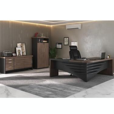 Imagem de Kit 3 Peças com Mesa Diretor em L de Tamburato, Balcão com Gavetas e Prateleiras e Armário Multiuso Charuto/Preto