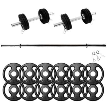 Imagem de Kit 12Kg em Anilhas de Ferro com 2 Barras 40cm e 1 Barra 1,20m