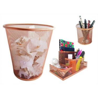 Imagem de Kit Organizador, Porta Caneta e Lixeira Rose Gold Escritório - Markys 