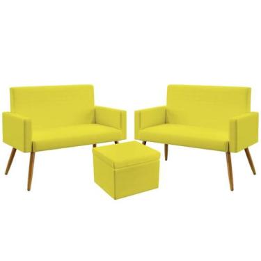 Imagem de 2 Poltronas Namoradeira Vega Sem Rodapé Com Puff Quasar Sued Amarelo A