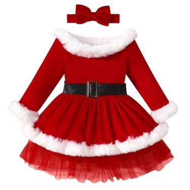 Imagem de ABAFIP Vestido de Natal de veludo para bebês meninas, Papai Noel, roupa de Natal, vestido tutu de tule peludo com faixa de cabeça, vermelho, 5-6 anos