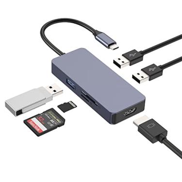 Imagem de Hub USB C, adaptador USB C 6 em 1 multiportas de alumínio com 4K HDMI, USB 3.0, 2 x USB 2.0, SD/TF compatível com MacBook, Surface Pro/Go, Pad Pro/Air, laptop e outros dispositivos tipo C