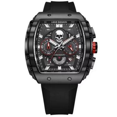 Imagem de Relógio De Quartzo Impermeável Masculino Caveira Esportivo Casual Tonneau Preto