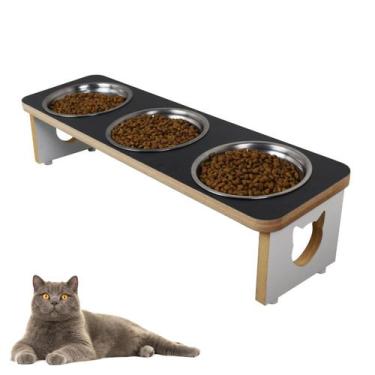 Imagem de Comedouro Pet Gato Elevado Triplo MDF Linha Basic - Preto - Maderacco