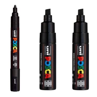 Imagem de KIT 3 Canetas POSCA Pretas 1 PC-5M e 2 PC-8K Uni-Ball