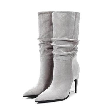 Imagem de Rock88 Botas femininas de salto alto, cano médio, camurça plissada, bico fino, salto alto, bota elegante para passarela e dia casual, cinza, 39