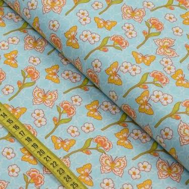 Imagem de Tecido Estampado para Patchwork - Crisântemos : Borboleta Fundo Azul C