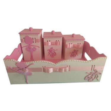 Imagem de Kit Higiene Bebê MDF 4 Peças Cesta Organizadora Bailarina Rosa - Canaã