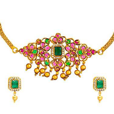 Imagem de Bodha Conjunto de colar tradicional indiano feito à mão antigo banhado a ouro tradicional Kundan, CZ, gargantilha cravejada com brinco combinando para mulheres (SJN_145_P), Latão, Zircônia cúbica