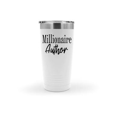 Imagem de SpreadPassion Copo de autor milionário, presente de butthole, autor milionário, copo de aço inoxidável autor milionário, copo isolado de 590 ml, ideia de presente de aniversário de Natal (branco)