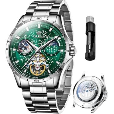 Imagem de OLEVS Relógios masculinos automáticos azul céu estrelado esqueleto turbilhão corda automática mecânica luminosa luxo relógio de pulso presentes, G6689: pulseira prata e mostrador verde
