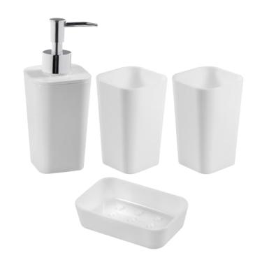 Imagem de Kit 4 Peças Utensilios Pia Banheiro Porta Escova Sabonete Líquido Lavabo Luxo (Branco)