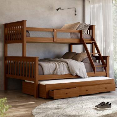 Imagem de Beliche Casal Solteiro De Madeira + Aux Solteiro Com Gavetas