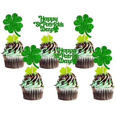 Imagem de 24 peças Happy St Patrick's Day Cupcake Toppers Green Glitter Lucky Four Leaf Clover Decorações de bolo para festa de Dia de São Patrício, chá de bebê, decorações de festa de aniversário