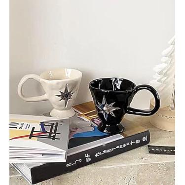 Imagem de gugululu Caneca de café grande de cerâmica, padrões criativos de estrela pérola artesanal com alça grande caneca de café para café com leite e sopa de chá para escritório e casa (branca)