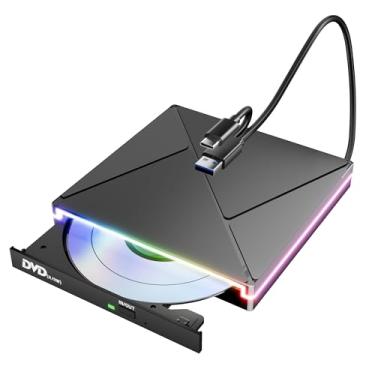 Imagem de Leitor de DVD RGB para laptop, unidade de CD externa para Mac, USB 3.0 USB C gravador de CD portátil, unidade de disco externo, leitor de DVD e gravador de ROM compatível com laptop e desktop, Windows