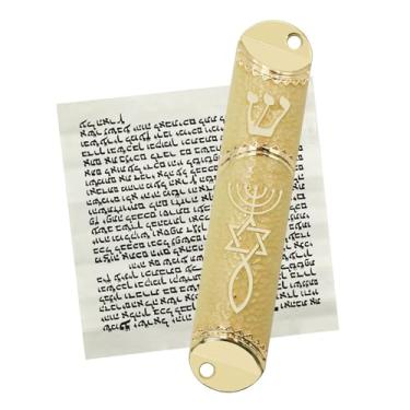 Imagem de MrMrKura Mezuzá com rolagem para porta, capa de mezuzá de metal com selo messiânico para bênção doméstica hebraica, presentes judaicos, decoração de aquecimento de casas judaicas, Natal, Páscoa (bege)