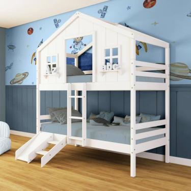 Imagem de Beliche Casinha dos Sonhos com Escada/ Escorregador Madeira Maciça Branco Megamobilia