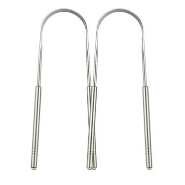 Imagem de Kit 2 Raspadores de Língua Aço Inoxidável Elimina o Mau Hálito Toxinas e Resíduos Fácil de limpar Antibacteriano Higiênico Raspador De Lingua