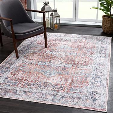 Imagem de Bloom Rugs Tapete lavável antiderrapante 2x3 - Tapete de área oriental tradicional tijolo/azul escuro para sala de estar, quarto, sala de jantar e cozinha - Tamanho exato: 5 x 7 cm