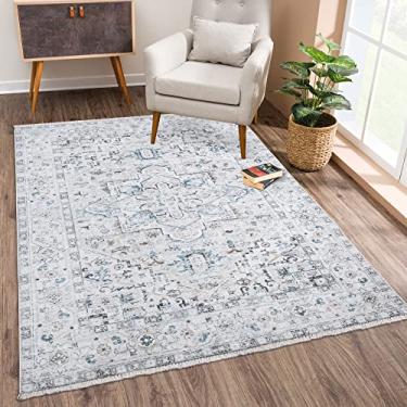 Imagem de Bloom Rugs Tapete lavável antiderrapante 2x3 - Tapete de área oriental tradicional de concha/azul-petróleo para sala de estar, quarto, sala de jantar e cozinha - Tamanho exato: 5 cm x 7 cm