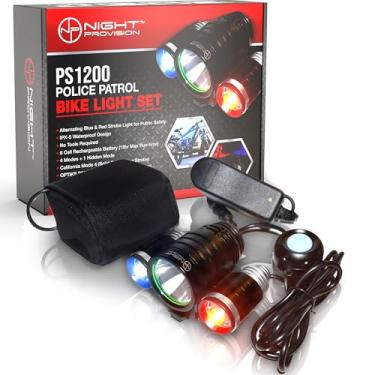 Imagem de PS1200 Luz de cabeça de bicicleta de patrulha policial - LED estroboscópico vermelho/azul - recarregável no máximo 18 horas - resistente à água - 5 modos (farol frontal)