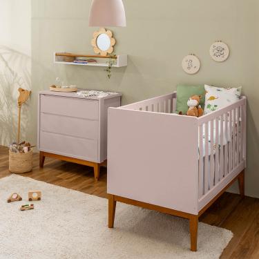 Imagem de Kit Quarto Infantil Theo com Pés Square - Berço + Cômoda 3 Gavetas - Rosa