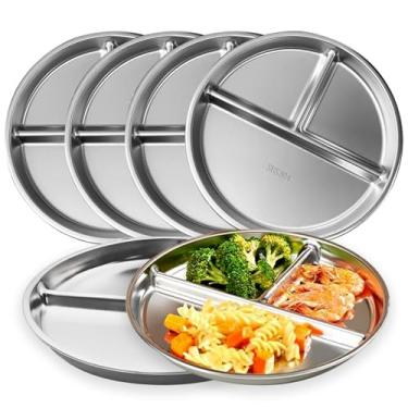 Imagem de CrazyTerra Pratos divididos para adultos (6 pacotes), placa de controle de porção de aço inoxidável 304 seccionada com divisórias, separador de alimentos de metal de 22 cm, compartimentos leves, sem