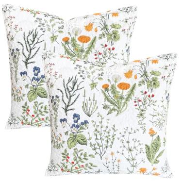 Imagem de Lady Ann Conjunto de capas de almofada acolchoadas de algodão, folhas e flores amarelas estampadas 66 x 66 de 2, fronhas macias e aconchegantes para sofá-cama, sala de estar e decoração de casa