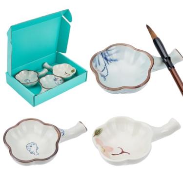 Imagem de WEBEEDY 3 estilos de prato de tinta de cerâmica com alça, placa de tinta de porcelana Peixe, lótus, peônia, multifuncional, suporte para pincéis, descanso para caligrafia chinesa, suprimentos de