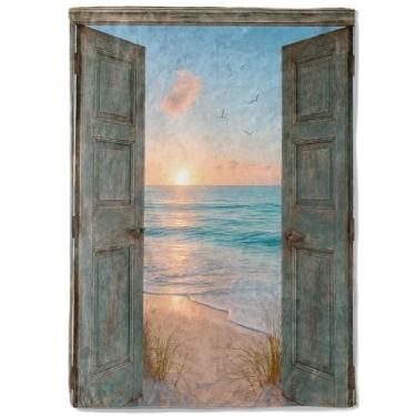 Imagem de coedoaes Cobertor de lã para porta de praia, nascer do sol, 127 x 152 cm, pacífica vista para o mar, gaivota, vintage, porta de madeira, cobertores costeiros, macios, confortáveis, leves, ideais para