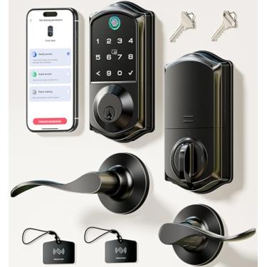 Imagem de Veise Trava inteligente de impressão digital com 2 maçanetas, conjunto de fechadura de porta frontal sem chave, controle de aplicativo, fechadura de teclado digital eletrônico, fácil instalação, porta