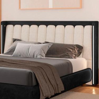 Imagem de Cabeceira Casal Com LED Yeon material sintético Preto / Linho Off Whit