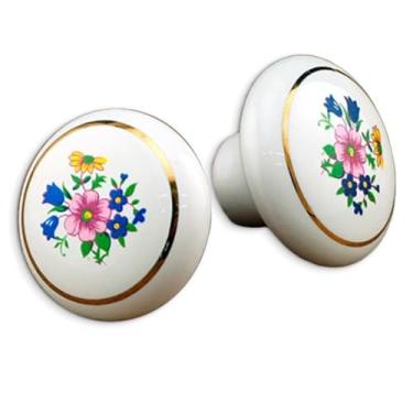 Imagem de Kit 02 Puxador De Porcelana Cerâmica Redondo Estampado Floral c/Anel Dourado Gaveta 32mm