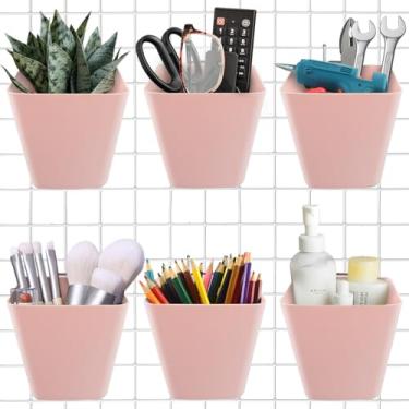 Imagem de Caixotes de parede grandes – Pacote com 6 acessórios de parede rosa para pendurar copos com ganchos traseiros – Painéis de parede de grade de plástico, suportes de prateleiras de arame para garagem