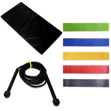 Imagem de Kit Colchonete Preto + 5 Mini Band Elástico + Corda de Pular - 1 Fit