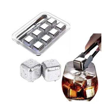 Imagem de Kit 8 Cubos De Gelo Aço Inox Metal Com Pegador Whisky Drinks - Comerci