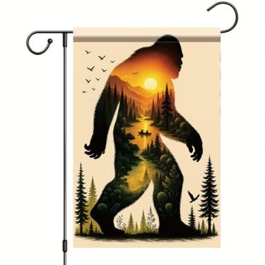 Imagem de Starlit Patio Pé grande bandeira de jardim floresta paisagem bandeira sasquatch 30 x 45 cm dupla face montanha rio pôr do sol silhueta bandeiras Cryptid natureza quintal banner decoração ao ar livre