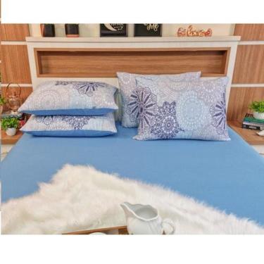 Imagem de Jogo de Lençol com Fronha Casal Cor Azul Camitalia 100% Algodão Fio 30