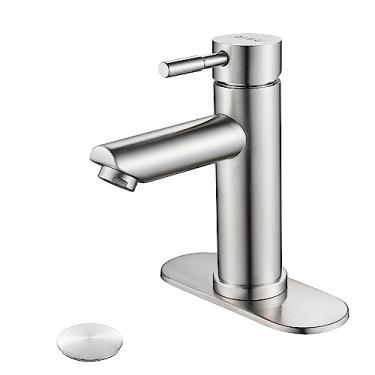 Imagem de Reimai Torneira de pia de banheiro de alça única níquel escovado, torneira moderna de banheiro de orifício único torneira de bacia comercial de aço inoxidável (níquel escovado, com dreno)