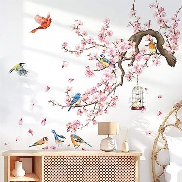 Imagem de wondever Adesivos de parede flores de cerejeira rosa floral ramo de árvore pássaros descasque e cole decalques de arte de parede para sala de estar quarto TV parede