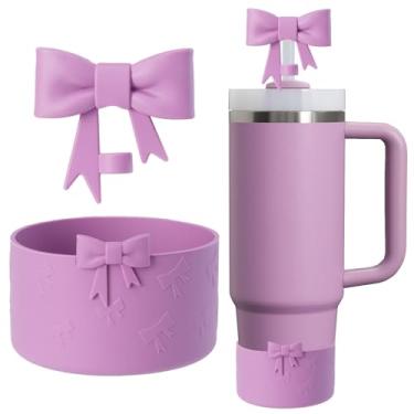 Imagem de Oddyami Conjunto de acessórios de copo para Stanley, incluindo 1 peça de tampas de cobertura de canudo de laço fofo de 10 mm, 1 capa de bota de silicone para Stanley Quencher H2.0 copo com alça 30 e