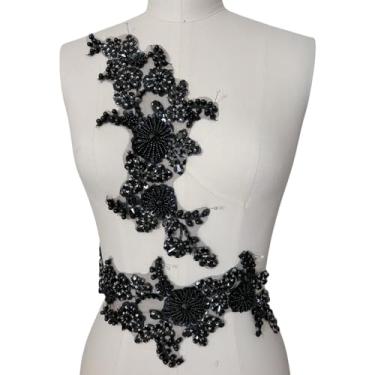 Imagem de Remendos de aplique de renda com strass – contas de vidro costuradas à mão com motivo floral para vestido de casamento faça você mesmo, vestido de noiva, baile de formatura, decoração de ombro e