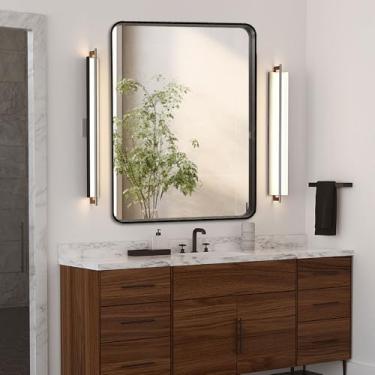 Imagem de miroro Espelho emoldurado de metal preto de 61 x 91 cm para parede, espelho retangular grande arredondado, antiferrugem, vidro temperado, pendurado horizontal ou verticalmente